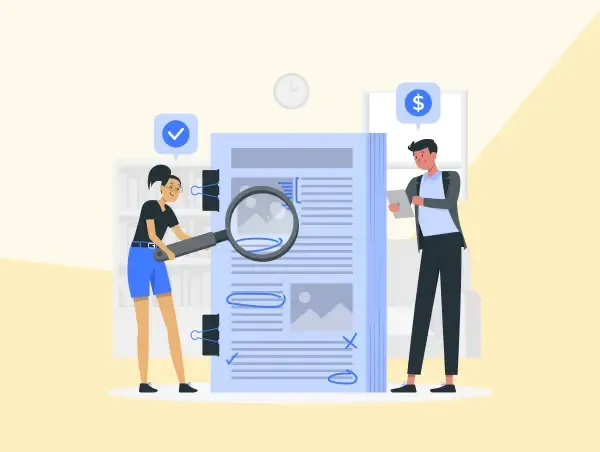 Illustration de deux personnes qui testent un mot-clé sur une page web.