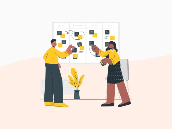 Illustration de deux personnes gérant les étapes d'un projet web.