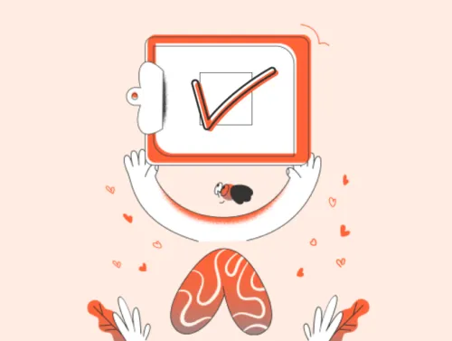 Illustration d'un personnage avec une pancarte avec un checkmark des avantages du responsive design