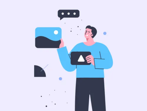 Illustration d'un personnage avec des cadres pour donner un avis Google 