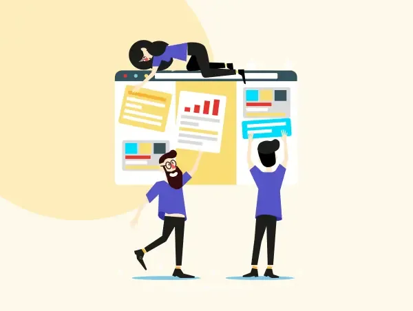Illustration de trois personnes qui arrangent la cannibalisation SEO d'une page web.