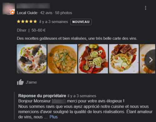 Référencement local : exemple d'avis positif