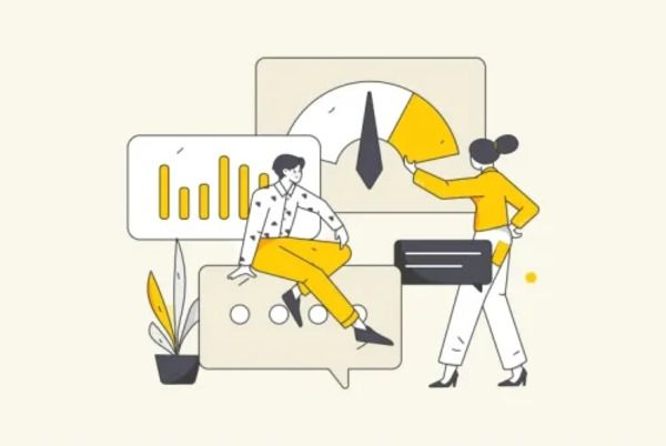 Illustration de deux personnages entourés d'indicateurs web, pour choisir un hébergeur web