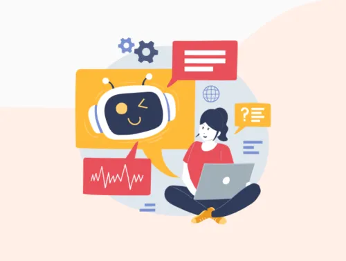 Illustration d'une IA qui aide une femme à la transcription de texte pour dyslexique.