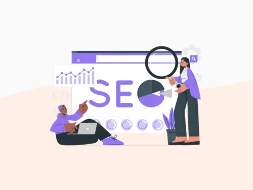 Illustration de deux personnes devant une page d'amélioration des performance SEO sur Jamstack.