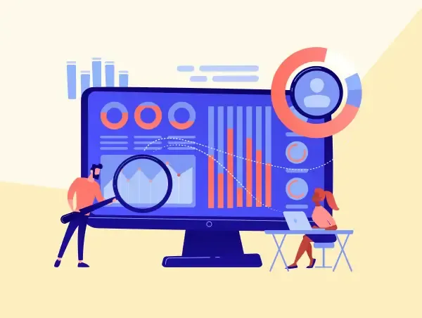 Illustration de deux personnes qui étudient les comportements utilisateurs sur analytics.