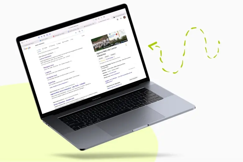 Ordinateur montrant une fiche Google Business Profile montrée par une flèche 