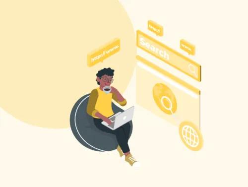 Illustration d'un homme sur le moteur de recherche Google en train de suivre un lien SEO.