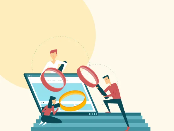 Illustration de 3 personnes avec des loupes en train de crawl le sitemap d'un site.