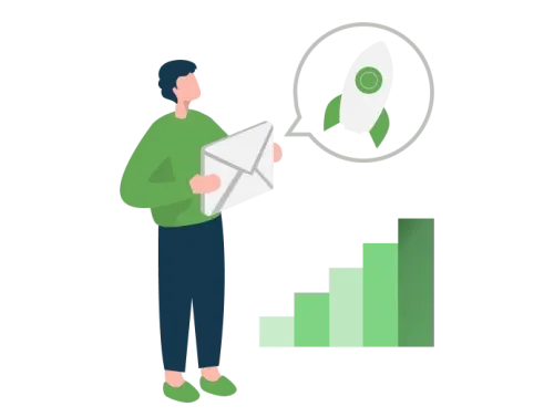 Illustration d'un personnage tenant un email avec l'ambition d'avoir des clients