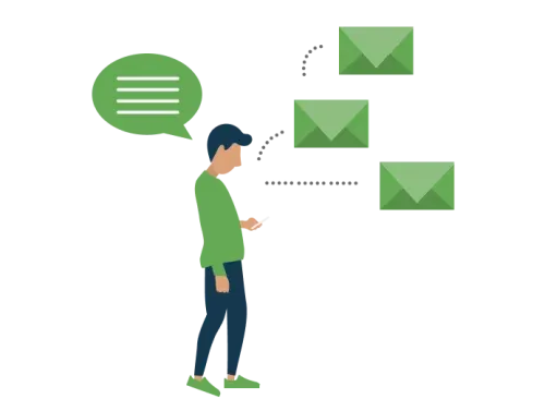 Illustration d'un personnage sur son téléphone envoyant différents emails