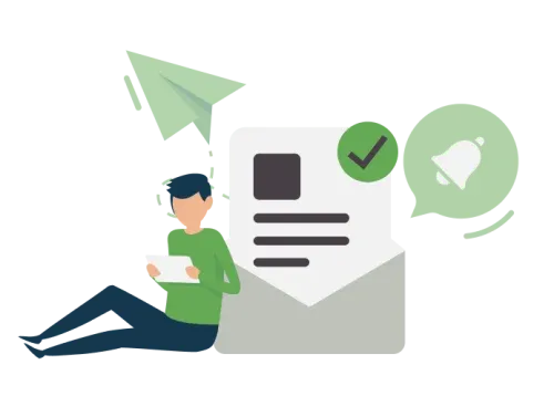 Illustration d'un personnage regardant ses mails sur son téléphone avec une notification qui sonne