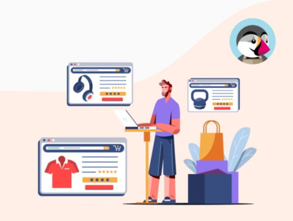 illustration de la migration d'une boutique prestashop avec un personnage et le logo prestashop