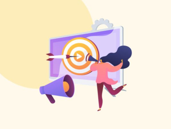 Illustration d'une femme avec un mégaphone devant une cible concernant une audience YouTube Ads.