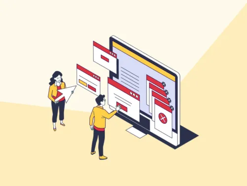 Illustration de deux personnes devant un écran et des pages web, organisant leur netlinking SEO.