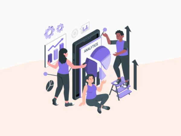 Illustration de trois personnes autour des avantages des Progressive Web App. 