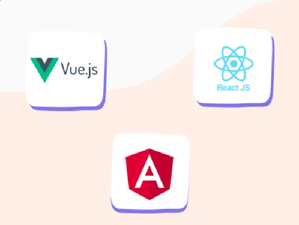 Illustration des logiciels frameworks javascript, avec leurs logos : Vue.JS, React, Angular