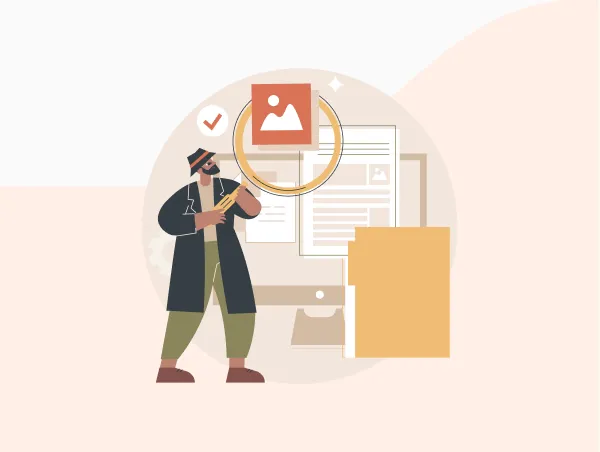 Illustration d'un homme avec une loupe montrant un fichier SVG et ses défauts éventuels.