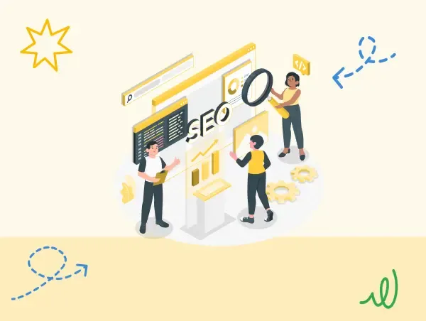 Illustration de personnes qui gèrent le SEO.