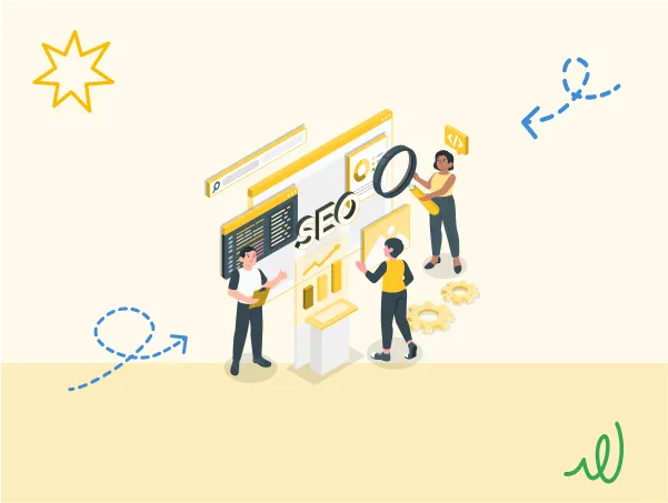 Illustration de trois personnes qui gèrent le SEO.