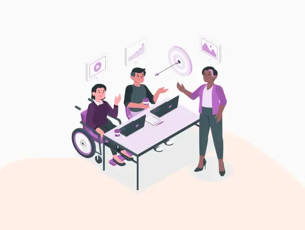 Illustration de l'inclusion dans une entreprise avec 3 personnes devant des ordinateurs.