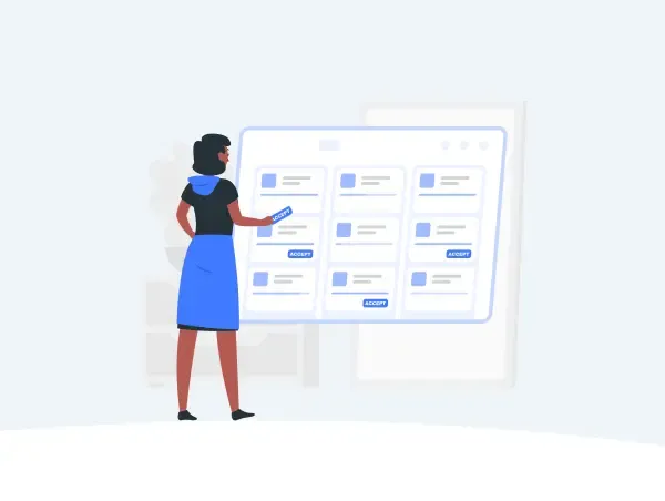 Illustration d'une femme qui structure les données pour un carrousel LinkedIn sur un écran.