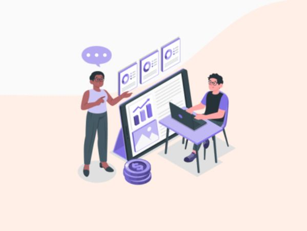 Illustration de deux personnes gérant les coûts d'optimisation de l'UX sur un PWA avec une tablette.