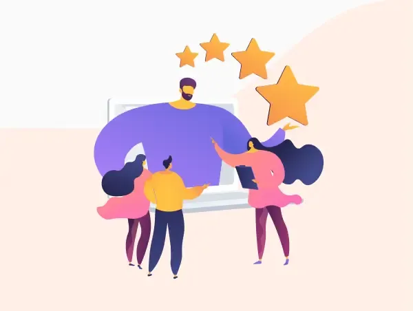 Illustration de personnes qui réalisent un audit de site accessible avec des étoiles.