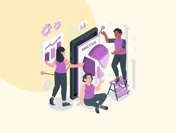 Illustration de trois personnes autour de statistiques 3D d'une page entreprise Facebook.