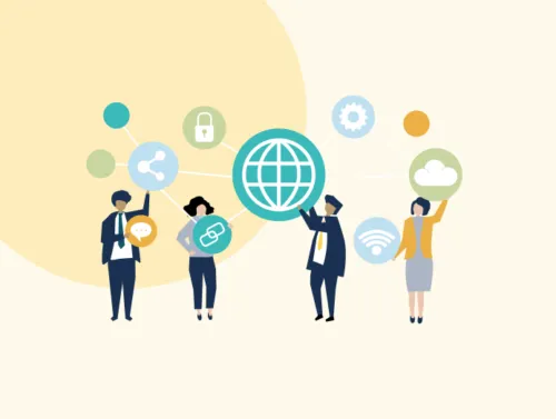 Illustration de 4 personnages avec des bulles illustrant des techniques de maillage interne SEO.  
