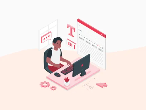 Illustration d'un homme sur son ordinateur et du texte dyslexique derrière