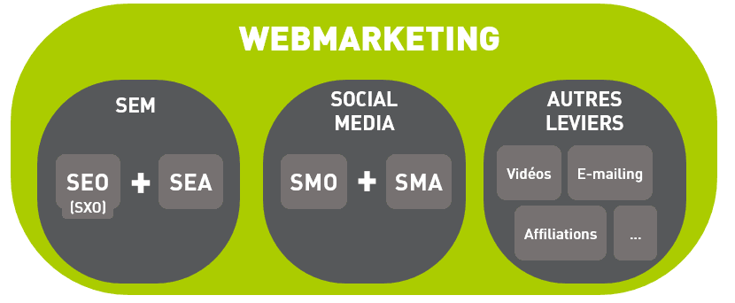 Infographie des différences entre SEO SEA SMA SEM et SMO