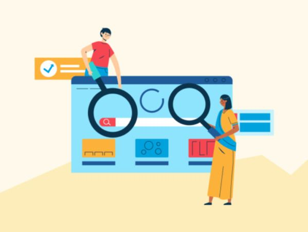 Illustration de personnes qui surveillent leurs liens pour la Link Spam Update avec des loupes.