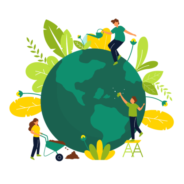 illustration de personnages prenant soin de la terre en la cultivant