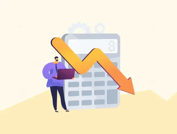 Illustration d'une homme devant une calculatrice en baisse de budget ads sur Facebook.