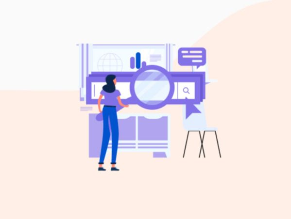 Illustration d'une personne avec une loupe montrant des analyses de Progressive Web App.