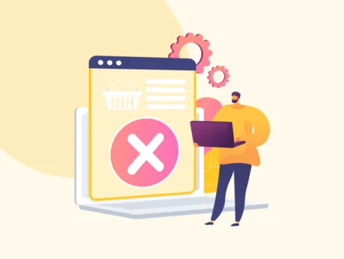 Illustration d'un personnage à côté d'une fiche produit désactivée sur un site internet.