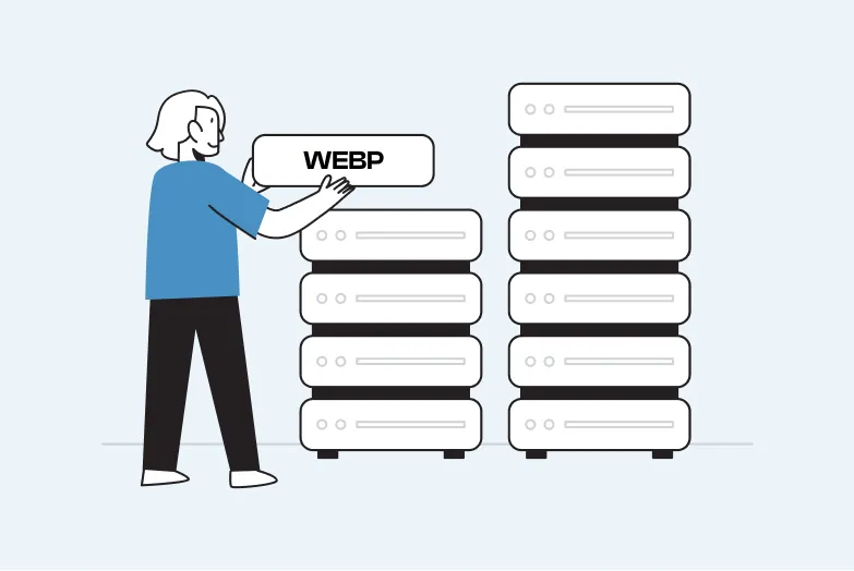 Personnage déposant un format WEBP sur son site web