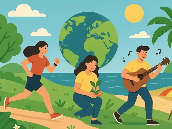 Illustration de trois personnes en train de courir, jardiner, jouer de la guitare