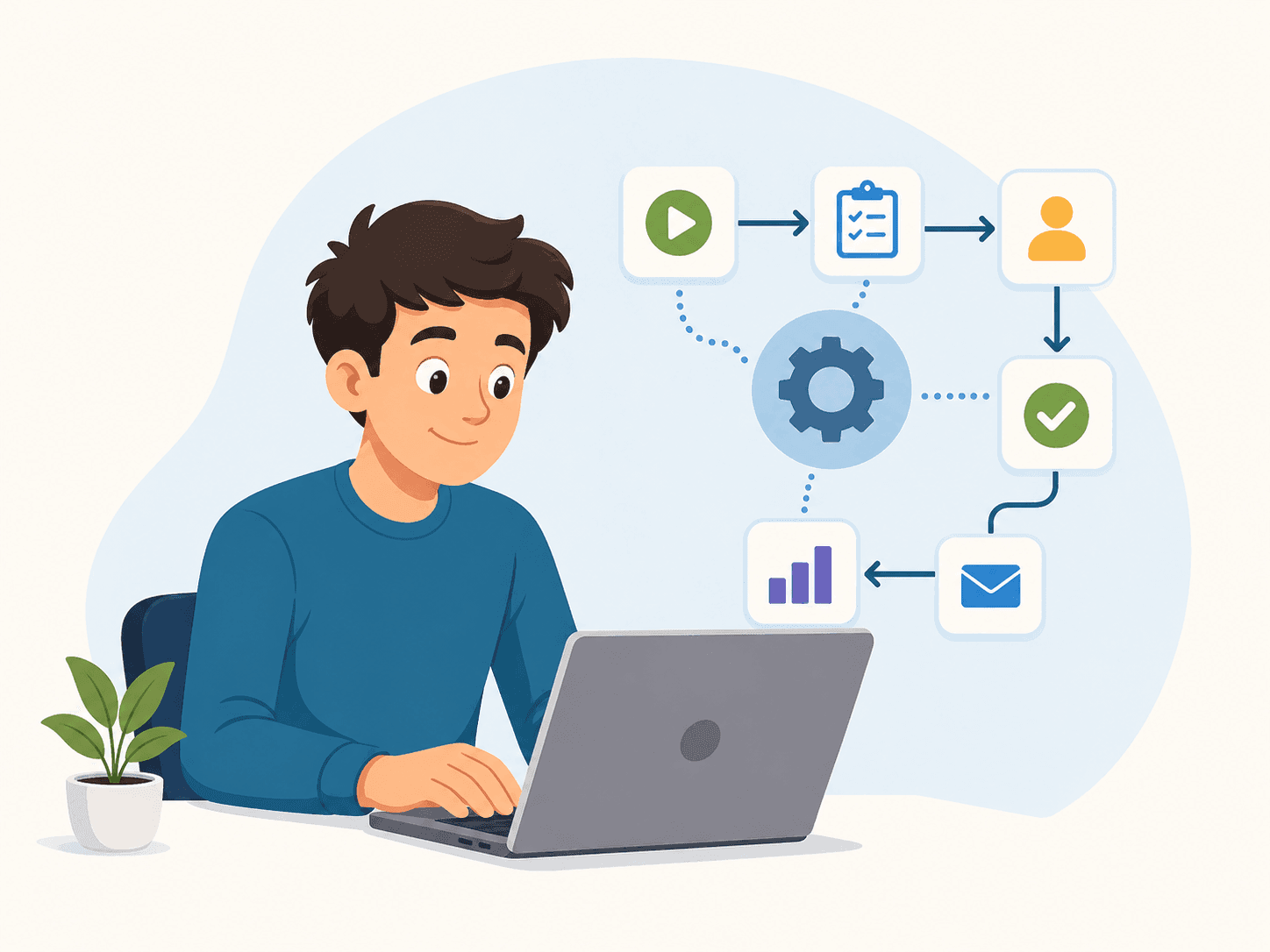 Illustration d'une personne sur son ordinateur en train de réfléchir à des automatisations