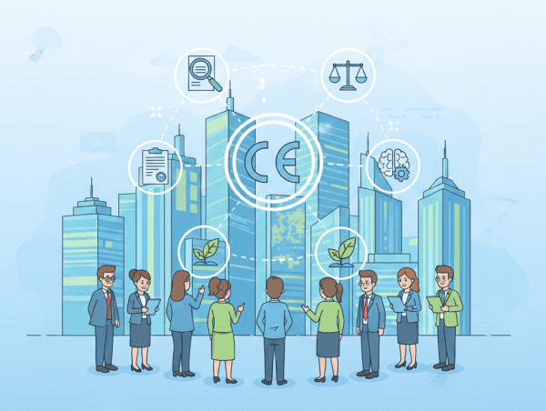 Illustration de plusieurs personnes face à une ville et différents pictos IA responsable