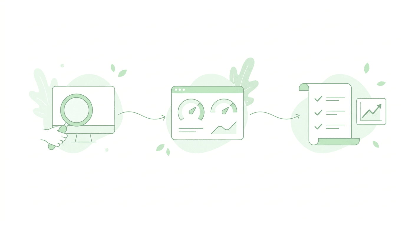 Illustration du fonctionnement en 3 étapes de Greenoco entre audit, évaluation et résultats