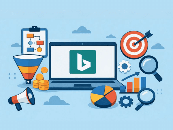 Illustration d'un ordinateur avec le logo Microsoft Ads et plusieurs éléments (cible, loupe...)