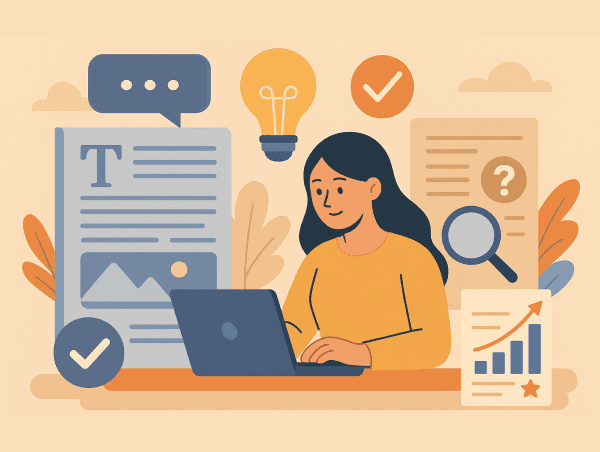 Illustration d'une femme rédigeant un contenu utile pour ranker