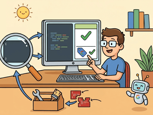 Illustration d'un homme montrant ses données structurées au robot Google sur ordinateur