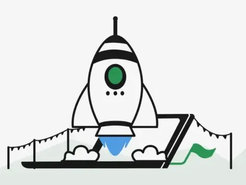 Illustration d'une fusée sortant d'un ordinateur portable pour évaluer la qualité d'un projet web.