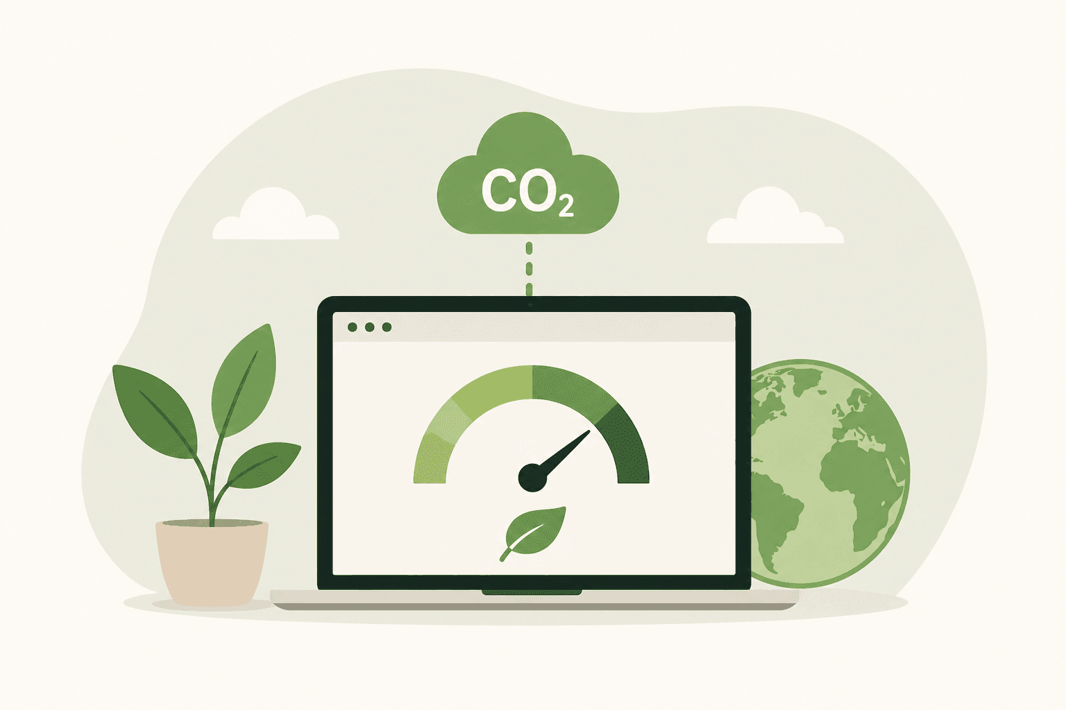 Illustration d'un ordinateur avec une jauge d'éco-conception sur l'écran entouré d'éléments naturels