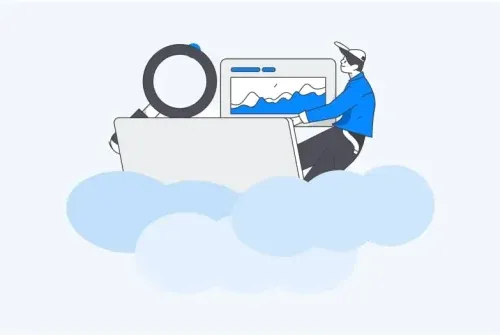 Illustration d'un hébergement de site web dan le cloud, avec un personnage sur son ordinateur