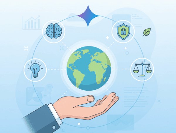 Illustration d'une planète avec 6 pictos représentant l'IA et une main symbole du responsable