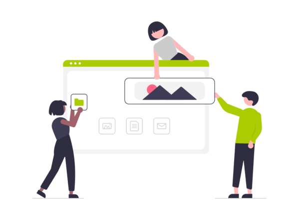 personnages qui disposent les éléments d'une page web